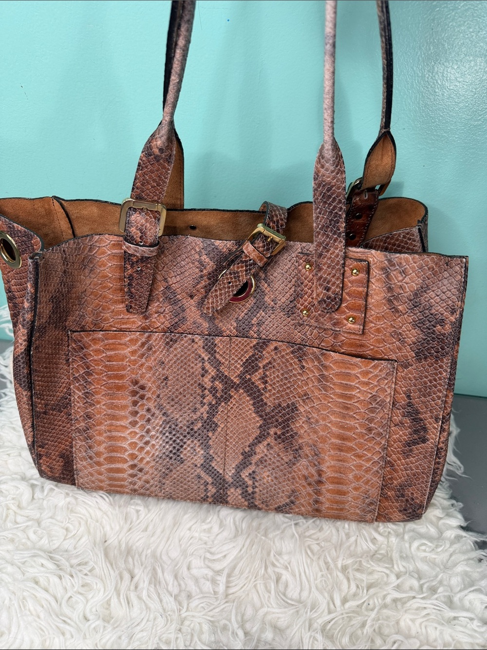 Vittoria Napoli Large  Brown Snake-Embossed Leather Tote Bag